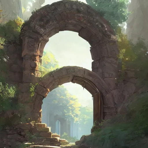 Image similar to concept art painting of an ancient ornate stone archway that is a portal to another world, in the woods, realistic, detailed, cel shaded, in the style of makoto shinkai and greg rutkowski and james gurney