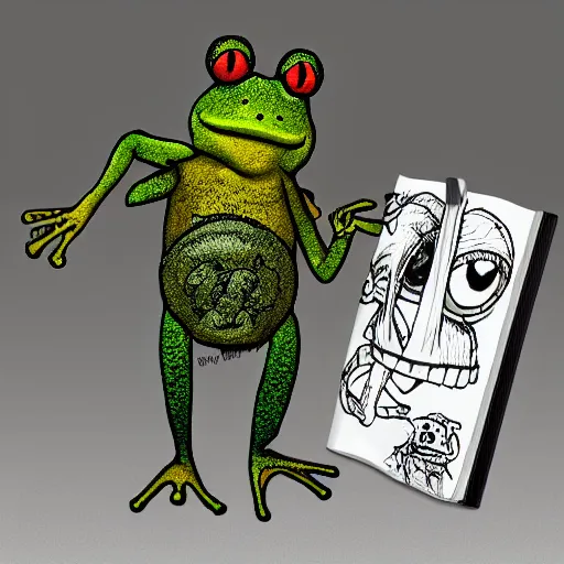 Prompt: photorealistic real life frog cleric as a transparent mesh chibi muppet plush wearing a wolf skull on its head and carrying a tiny sketch book and pencil, photography, national geographic, sesame street