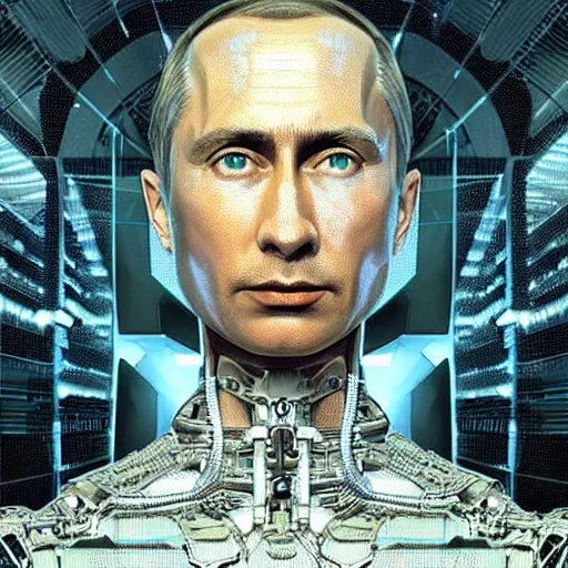 Prompt: hyperrealistic mixed media portrait of a Robot of Vladimir Putin forward angle, stunning 3d render inspired art by P. Craig Russell and Barry Windsor-Smith + perfect facial symmetry + dim volumetric lighting, 8k octane beautifully detailed render, post-processing, extremely hyperdetailed, intricate futuristic mechanic parts, epic composition, grim yet sparkling atmosphere, cinematic lighting + masterpiece, trending on artstation