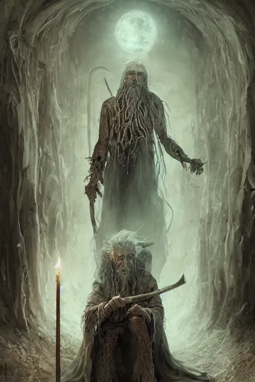 Image similar to a necromancer with a staff casts a spell that reveals the secret of life the universe and everything, dirty linen robes, staff of bones, grizzled bearded withered man by jessica rossier and hr giger