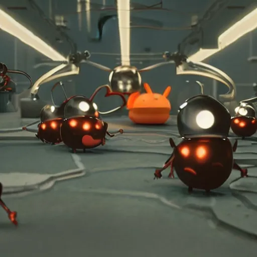 Image similar to promotional movie still wide - angle 3 0 m distance. nanorobots ( ( cat ) ) 1 million into the future ( 1 0 0 2 0 2 2 ad ). super cute and super deadly. nanorobots like disco music and dance - offs. cinematic lighting, dramatic lighting. in style from film fantasia, kubrick