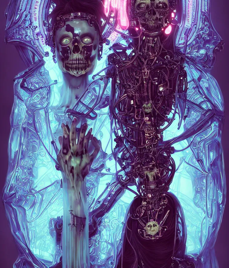 Image similar to fully symmetrical centered iridescent portrait of a beautiful princess of death in robe. skulls artificial muscles, ribcage, bones, hard surface modelling. cyberpunk look. biomechanical mask. bio luminescent biomechanical halo around head. neon jellyfish. artwork by jarold Sng by artgerm, by Eddie Mendoza, by Peter mohrbacher by tooth wu, unreal engine, octane render, cinematic light, high details, iridescent colors, dichroic, macro, depth of field, blur