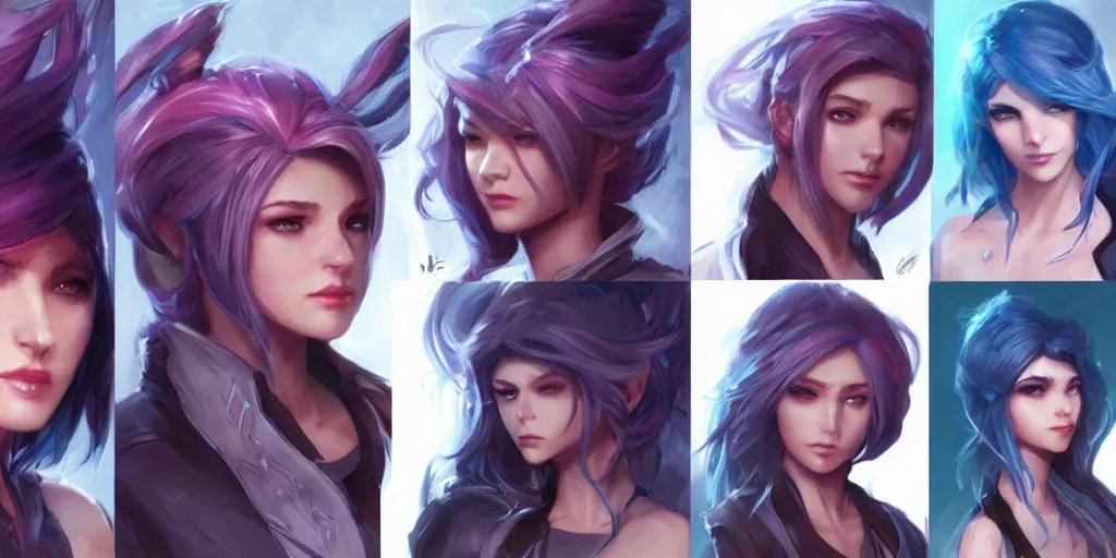 Image similar to concept art of young female netrunner d & d video game characters head designs, unique hair designs, by marc brunet and artgerm