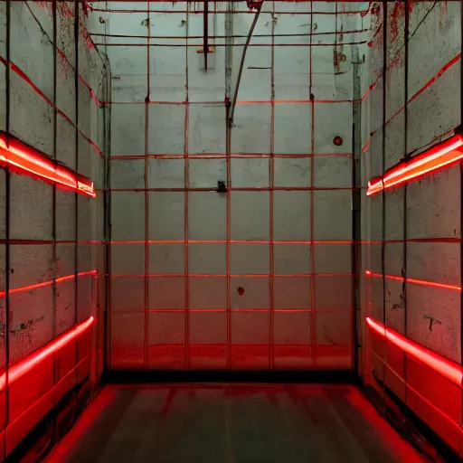 Image similar to noisy color photograph of a retrofuturist liminal space, laboratory, prison, red lights, minimalist, cinematic, soft vintage glow