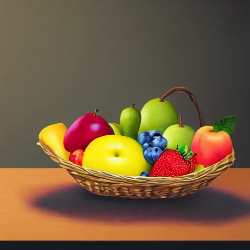 Prompt: a fruit basket on top of a kitchen table, photorealistic