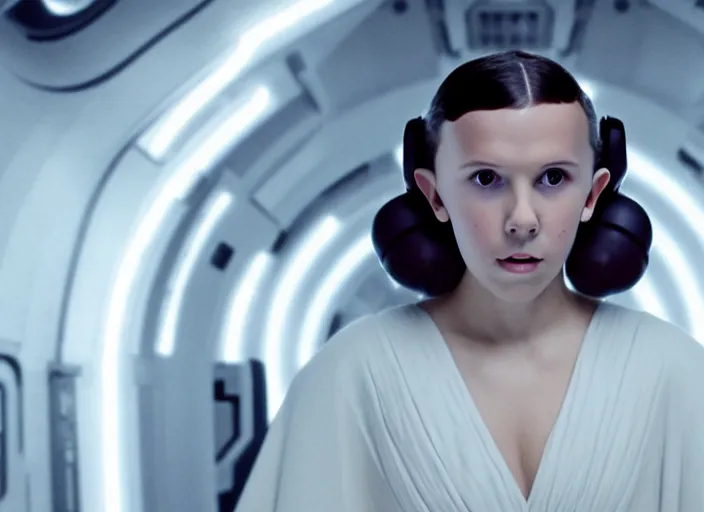 Prompt: film still of!!!! millie bobby brown!!! as princess leia in star wars movie, hair pulled back, closeup portrait, wearing long white robe, deep focus, exploring interior of a spaceship, glamour pose, dramatic lighting, octane, mist, volumetric lighting, 8 k