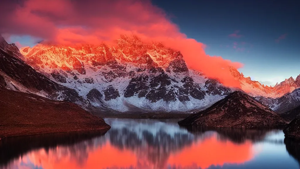 Image similar to amazing landscape photo of mountains with lake in sunset by marc adamus, beautiful dramatic lighting