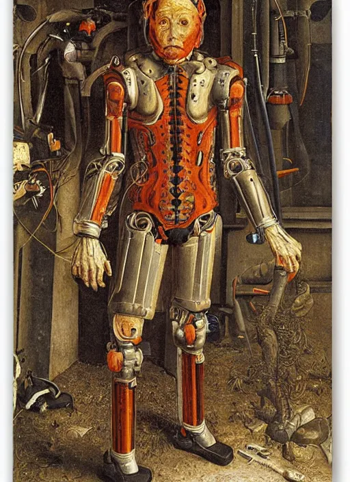 Prompt: cybernetic exoskeleton cyborg farmer by Jan van Eyck