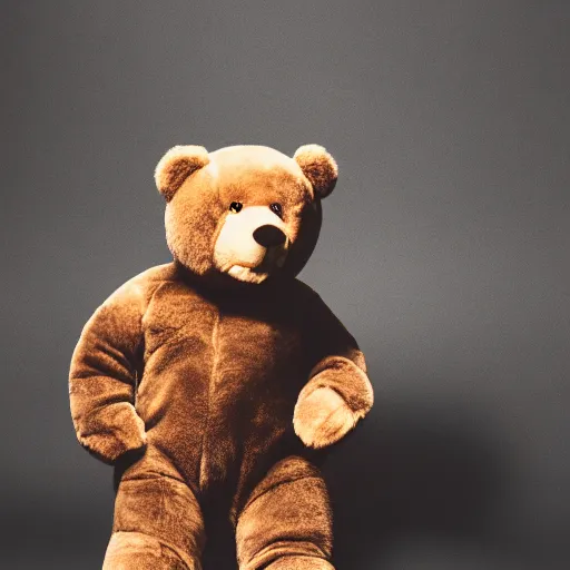 Image similar to a ( ( ( ( ( ( ( ( ( chiaroscuro lighting portrait ) ) ) ) ) ) ) ) ) ) of kanye west dressed as teddy bear mascot, black background, portrait by julia margaret cameron, shallow depth of field, 8 0 mm, f 1. 8