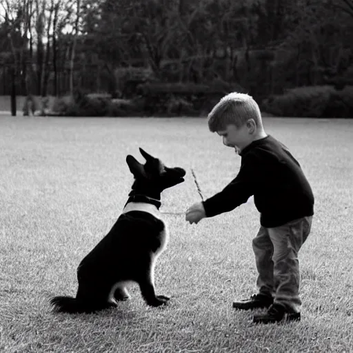 Prompt: a short guy playing with his black and white dog