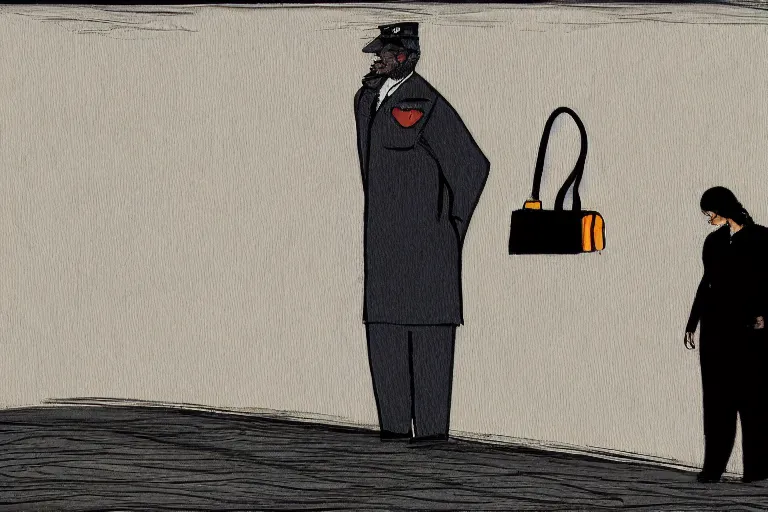 Image similar to tall, security guard checks the bags of a worried looking woman, art, satire