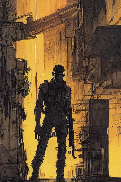 Image similar to Hector. Deadly blackops mercenary in tactical gear. Blade Runner 2049. concept art by James Gurney and Mœbius.