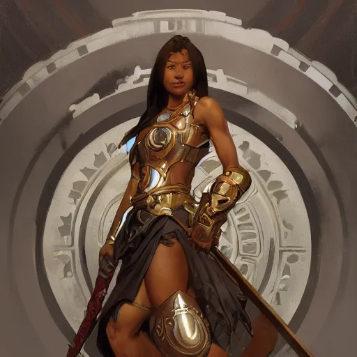 Image similar to Ebony female Warrior in full armor and shield, Digital art, art by Alphonse Mucha, Greg Rutkowski, Alex Ross, WLOP, Artstation, 8K