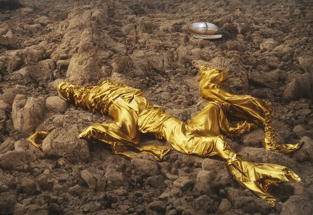 Image similar to mick jagger dressed in golden costume with jewels in a dry rocky desert landscape, with alien sand city designed by giger and giant alien spaceship in the sky attacks the earth by christopher doyle and alejandro jodorowsky, anamorphic lens, kodakchrome, cinematic composition, masterpiece, 8 k