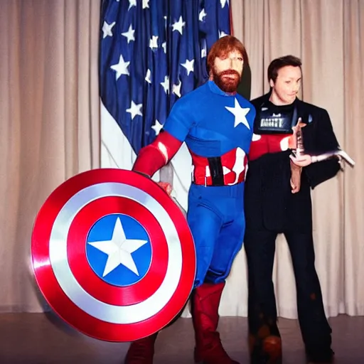 Image similar to uhd hyperdetailed candid photo of cosmic chuck norris dressed as captain america, wearing extremely intricate costume, receiving an award from elon musk. photo by annie leibovitz