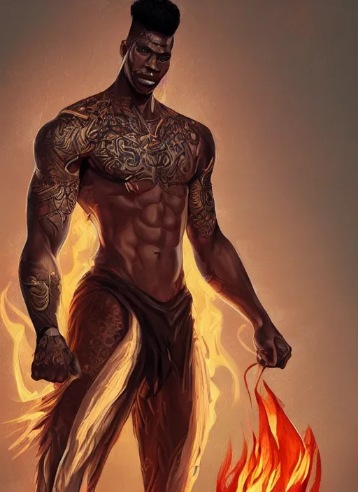 Image similar to a highly detailed illustration of attractive young african guy with flat top hair, with flaming tattoos, dramatic standing pose, intricate, elegant, highly detailed, centered, digital painting, artstation, concept art, smooth, sharp focus, league of legends concept art, wlop