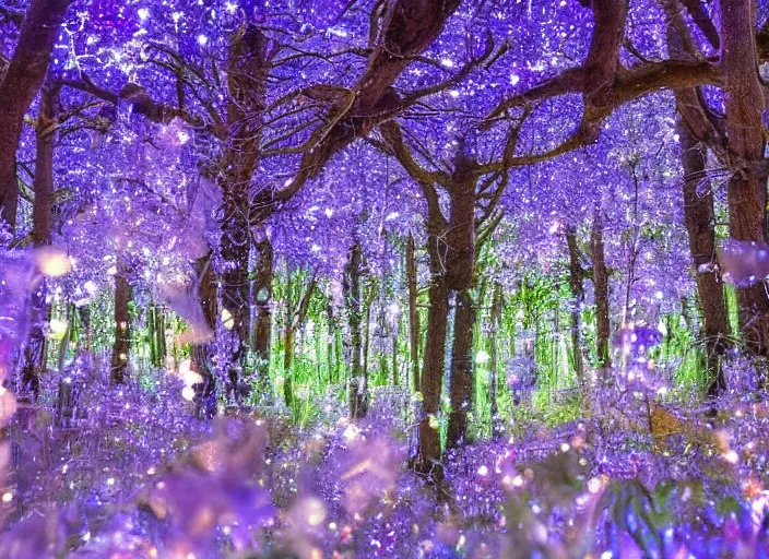 Image similar to a magical forest with crystal flowers that glow in the dusk,