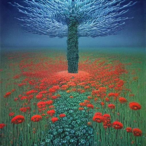 Image similar to a beautiful vortex made of flowers in the style of Zdzisław Beksiński,