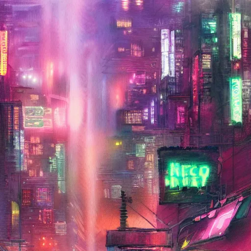 Image similar to an impressionist watercolor painting of a cyberpunk dystopian city with a lot of neon signs