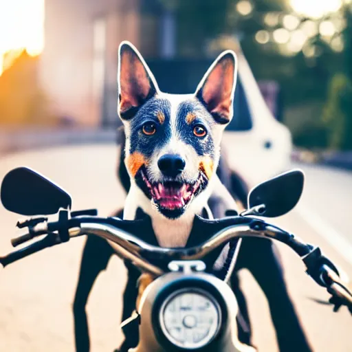 Image similar to blue heeler dog on a motorcycle, 8 k photography, blurred background of a wafflehouse