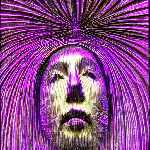 Image similar to dayglo purple extemporaneous, chaotic by jean - francois millet. a kinetic sculpture of a human head seen from multiple perspectives at once, as if it is being turned inside out. every angle & curve of the head is explored & emphasized, creating an optical illusion.