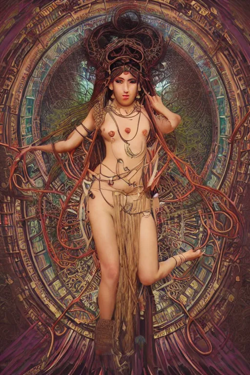 Image similar to an immaculate render of a tribal goddess adorned with leaves and cables and bird wings posing in a temple surrounded by wild tentacles made from mandalas and incense smoke, full body, perfect face, powerful, cinematic, beautifully lit, by artgerm, by alphonse mucha, by karol bak, 3 d, trending on artstation, octane render, 8 k