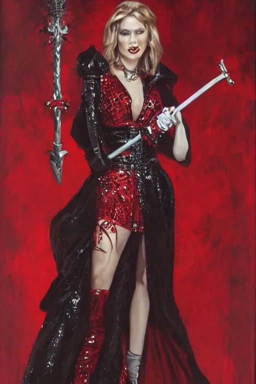 Image similar to Lord Licorice in a red and black sequins gown holding a peppermint sword, painting by Mark Brooks