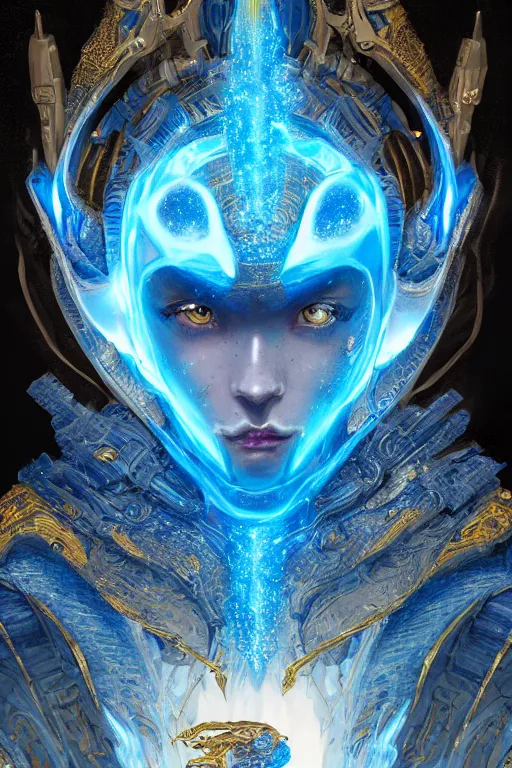 Image similar to a Portrait of a space dragon, third person, D&D, sci-fi fantasy, intricate, blue and gold, highly detailed , art by Range Murata, rim lighting, highly detailed, 3d, octane render, bright colors, digital painting, trending on artstation, sharp focus, illustration style of Stanley Artgerm,