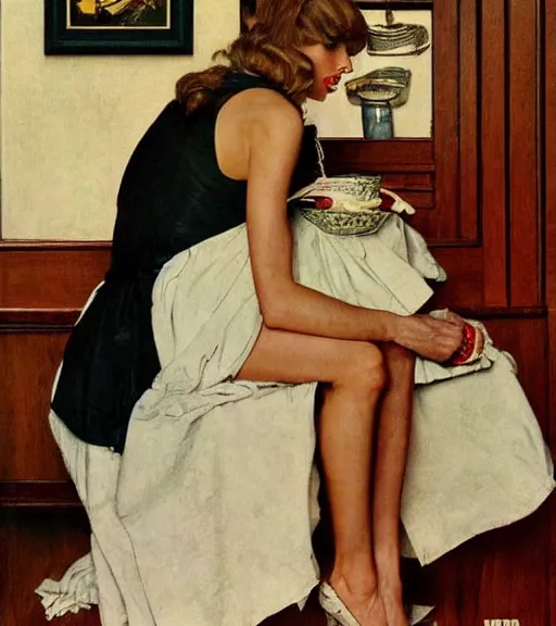 Prompt: taylor swift as a housewife hiding a dark secret, norman rockwell painting, detailed