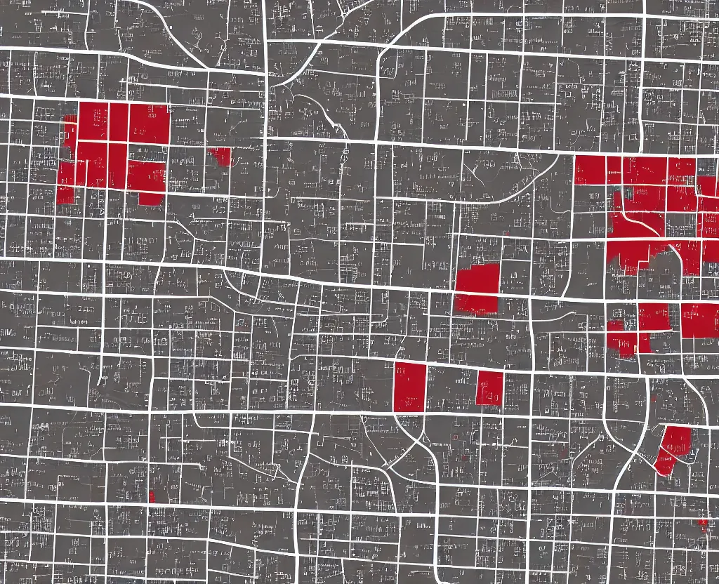 Image similar to Vector Taupe on DarkGrey Streets Satellite Map, showing the location of every house with a red icon, vector graphics, 8k