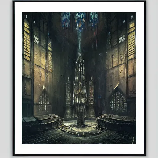 Prompt: detailed painting of bladerunner interior room with celestial ephemeral ornaments and gothic architecture, artstation, beksinski, cinematic