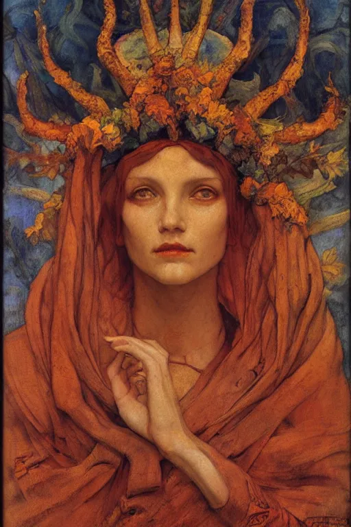 Image similar to queen of autumn by Annie Swynnerton and Nicholas Roerich, strong dramatic cinematic lighting , ornate headdress , flowing robes, lost civilizations, smooth, sharp focus, extremely detailed