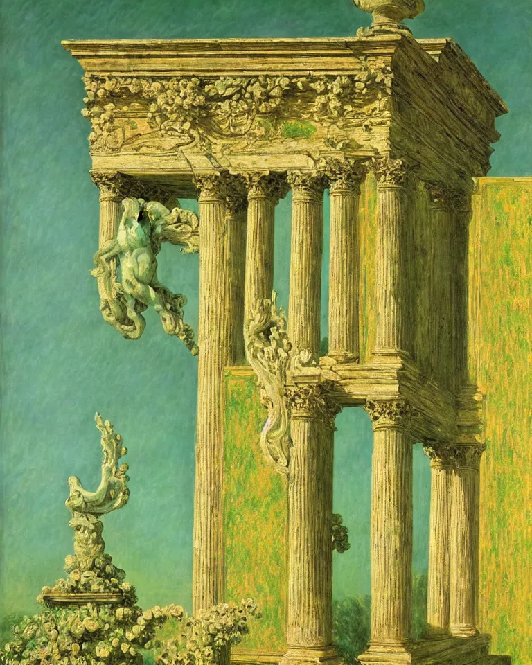 Prompt: achingly beautiful painting of intricate ancient roman corinthian capital on green and gold background by rene magritte, monet, and turner. giovanni battista piranesi.