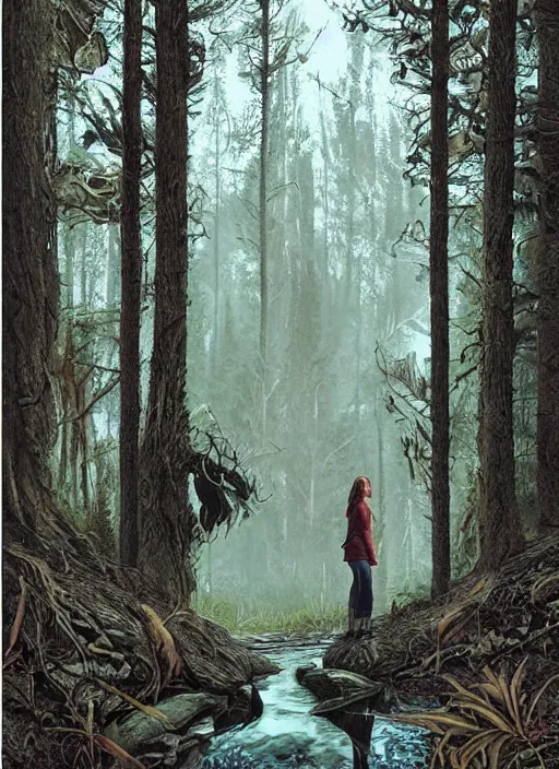 Prompt: portrait of jennifer connelly in searching in the woods standing before the mysterious small pond, twin peaks poster art, from scene from twin peaks, by michael whelan, artgerm, retro, nostalgic, old fashioned