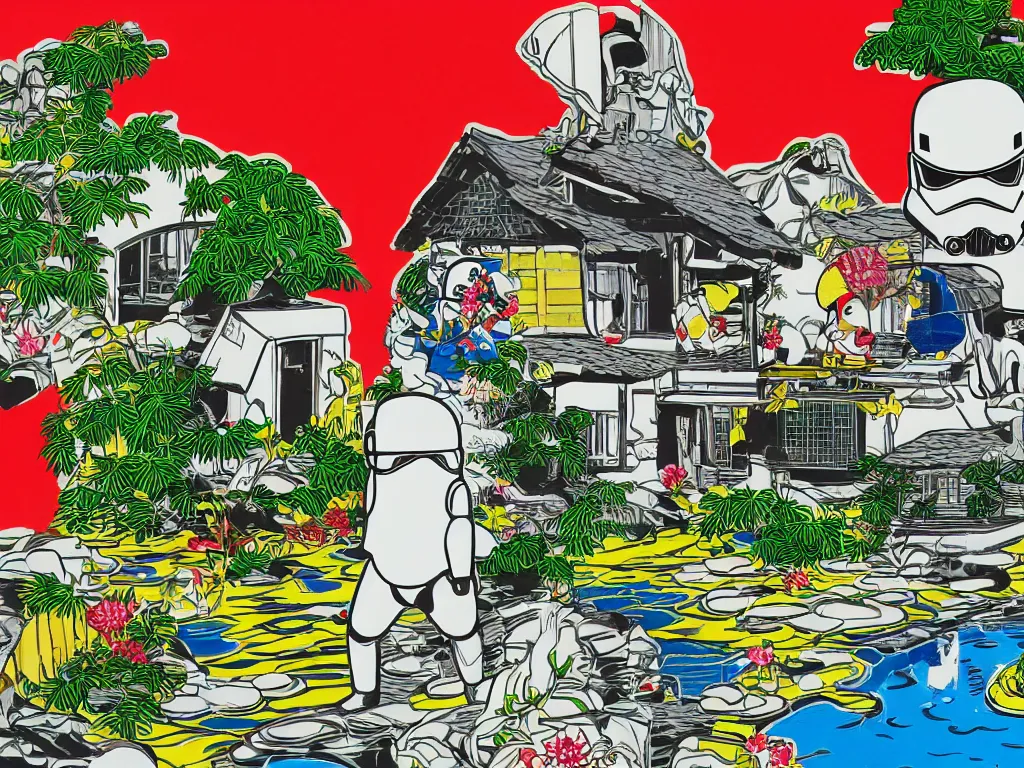 Image similar to detailed close - up image of the japanese home with a garden and a pond, 2 stormtroopers sitting around it, pop - art style, jacky tsai style, andy warhol style, roy lichtenstein style, rich palette, acrylic on canvas