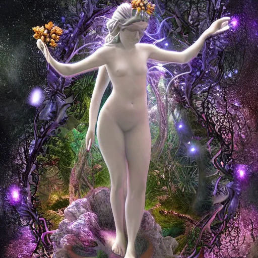 Image similar to glowing delicate flower and mushrooms that grow in a dark fatansy forest on the planet Pandora, an idealistic marble statue with fractal flowery hair in a fractal garden,