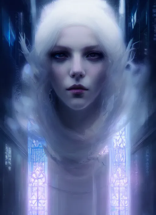 Prompt: a beautiful white haired princess, intricate concept art, ethereal, ominous, mysterious, enchanted, magic, dramatic lighting, illuminated lines, outrun, vaporware, cyberpunk darksynth, dark background, 8 k, by ruan jia and krenz cushart and alphonse mucha