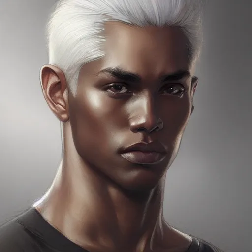 Prompt: ultra realistic illustration, young man with dark gray skin, short white hair, intricate, with dark clothes, elegant, highly detailed, digital painting, artstation, concept art, smooth, sharp focus, illustration, art by artgerm and greg rutkowski and alphonse mucha