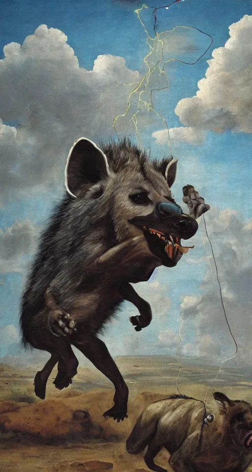 Prompt: bosch oil painting of a giant hyena made of electricity, leaping through the sky, apocalyptic