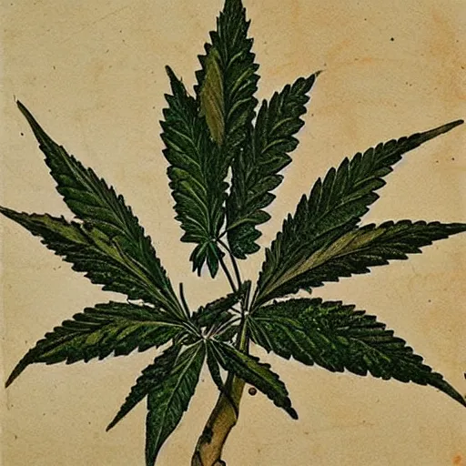 Prompt: botanical drawing of a cannabis plant. pen, ink and watercolor, fine details, by leonardo da vinci
