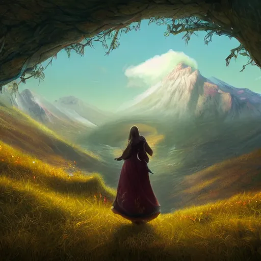 Prompt: highly detailed fantasy art, scene of natural innate artstation style, artstation form, a girl stood in the blossoming sunset valley, pondering the mountains in the distance. peaceful pastel palette, matte painting