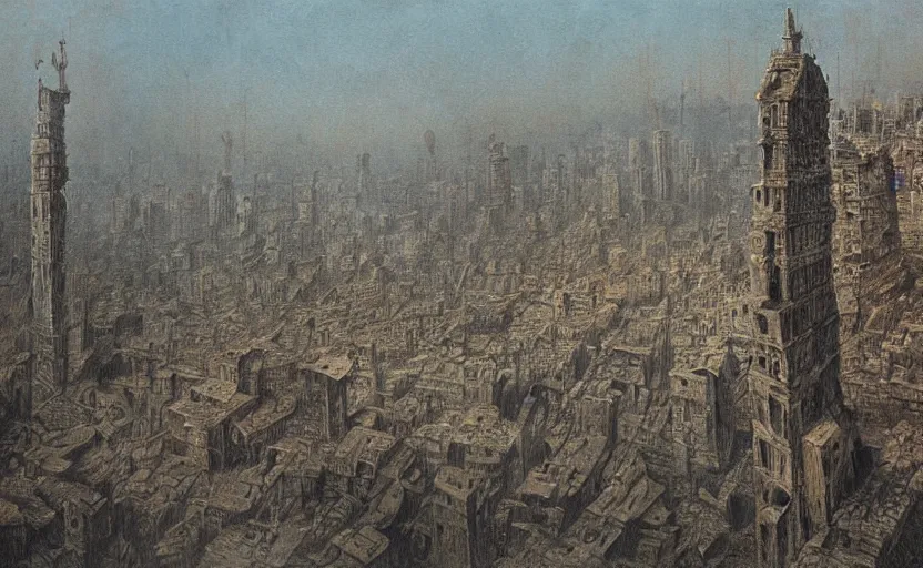 Prompt: A detailed painting of a devastated city whatched by a big skull madr in thr style of Beksinski