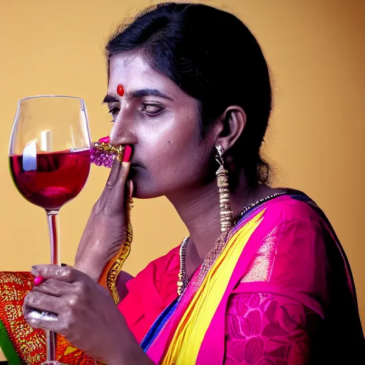 Image similar to indian woman sipping wine, highly detailed, lonely, diverse colors, 4 k, dynamic composition