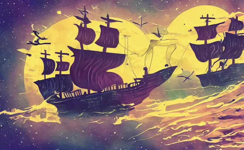 Prompt: pirate ship in space, storybook, gouache, flat, concept art, lush