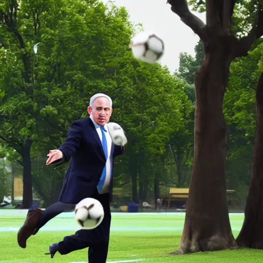 Image similar to Benjamin Netanyahu juggling a football in a public park, dynamic lighting, ambient lighting, morning time, HQ, official media