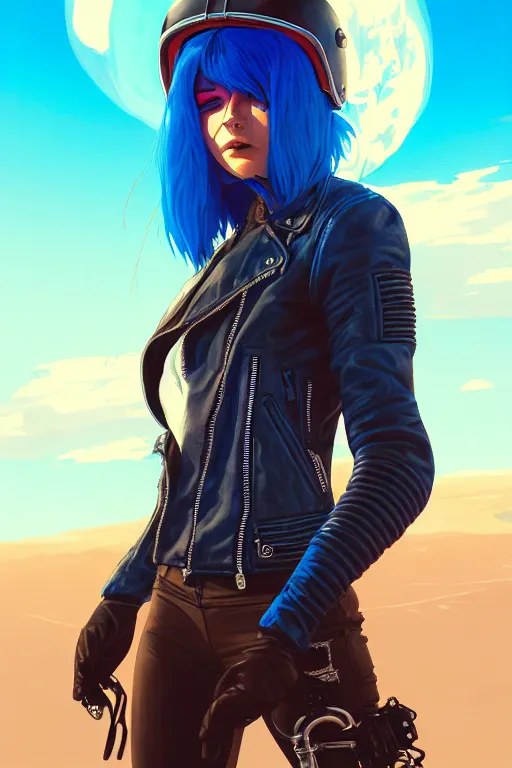 Prompt: a ultradetailed beautiful panting of post apocalyptic woman biker with helmet. blue hair. opened leather jacket, pretty face, high detailed face, in front of burning desert, anatomically correct, close up, by ilya kuvshinov, greg rutkowski and makoto shinkai, trending on artstation