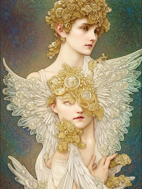 Prompt: Gustave dore and Mucha beautiful maiden ivory mask intricate ornate wings fractal-lace iridescent gemstone wearing ivory rococo dress, ivory gold, iridescent highlights, full view, soft lighting, vivid, Hyperdetailed, 4k hd matte painting by Artgerm, Kelly McKernan, Marc Simonetti, Klimt, Moebius, James Jean, 8k resolution, enchanting and otherworldly, Artstation, CGsociety, detailed, front view