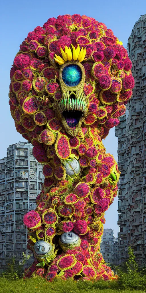 Image similar to colossal psyhedelic alien predator flower made from worst unfulfilled mankind projects in the middle of abandoned post soviet constructivist cityscape, Stalinist architecture, ultradetailed, Intricate by Niruyoshi Ohrai and Hayao Miyazaki and Josan Gonzalez and Makoto Shinkai and Giuseppe Arcimboldo and Wes Anderson