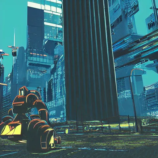 Prompt: “arasaka tower grounds being patrolled by mechs. Dystopian Anime background art in the style of Akira. HD hyperrealistic 8K photomode.”