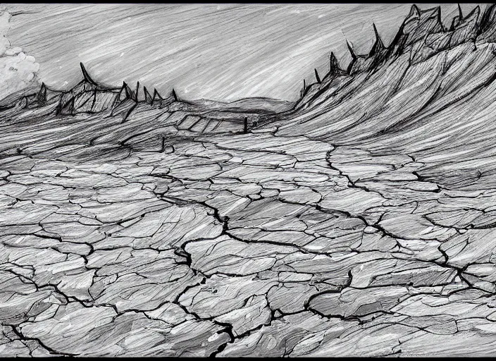 Prompt: a giant salt pale spears the land turning all to salt, sketch, landscape, detailed, disaster